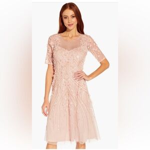 Adrianna Papell Shell Pink Sequin 3D Floral Midi Dress